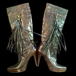 Charles David Brown Crocodile Knee Boots with Tassel